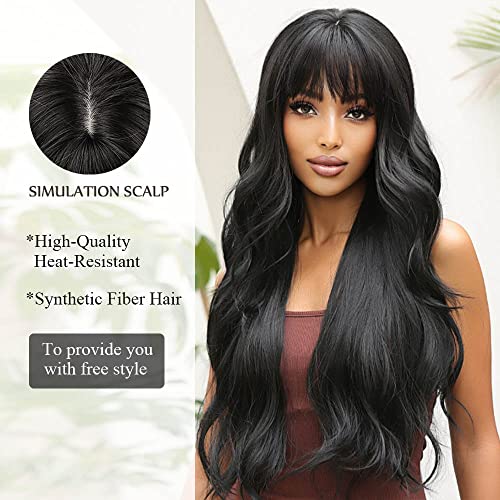 OUFEI Long Wavy Brack Wigs for Women Natural Synthetic Hair Heat Resistant Wigs for Daily Party Cosplay Wear-28 Inches - Image 3