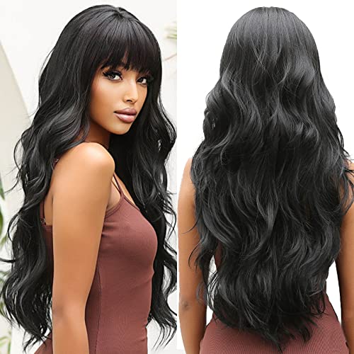 OUFEI Long Wavy Brack Wigs for Women Natural Synthetic Hair Heat Resistant Wigs for Daily Party Cosplay Wear-28 Inches - Image 1