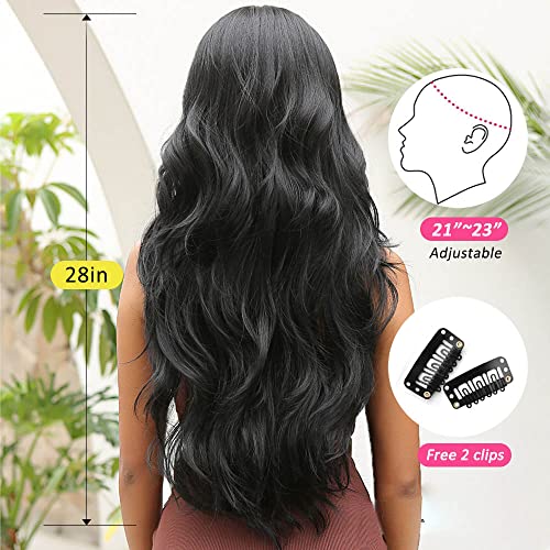OUFEI Long Wavy Brack Wigs for Women Natural Synthetic Hair Heat Resistant Wigs for Daily Party Cosplay Wear-28 Inches - Image 4