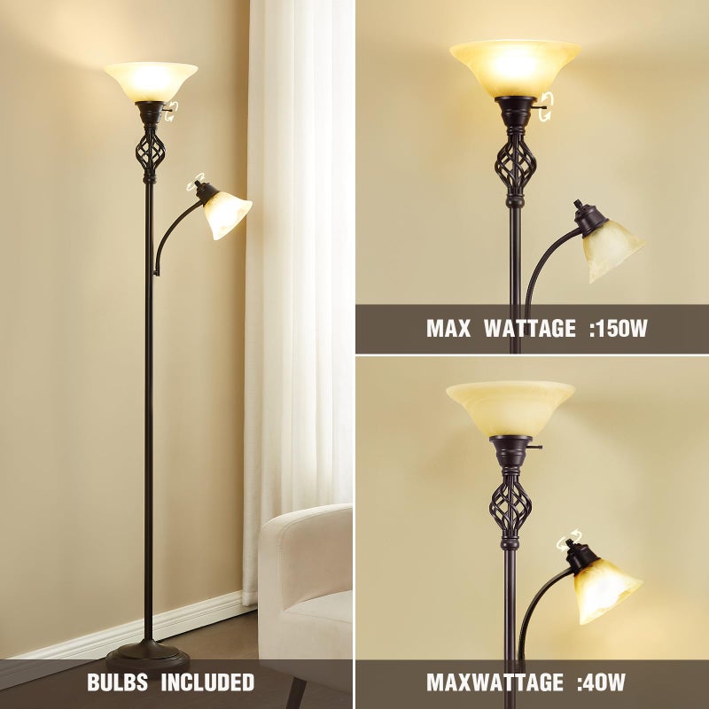 GyroVu Torchiere Floor Lamp for Living Room, LED Standing Reading Light for Bedroom with Glass Shade for Living Room Corner Bedroom Home Office,Bulbs Included (Yellow Lampshade, Glass 2 Head) - Image 3