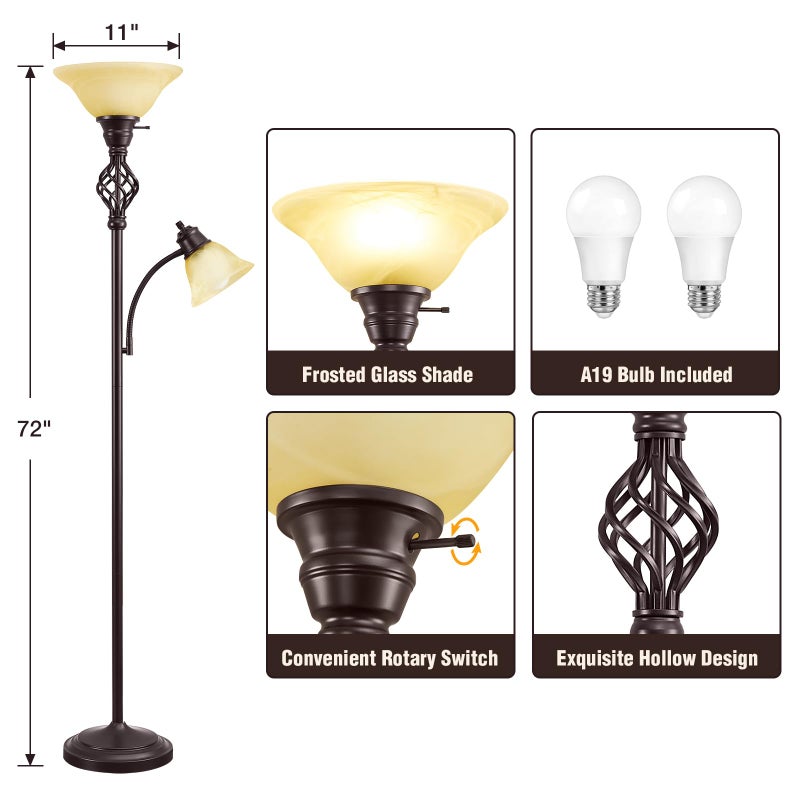 GyroVu Torchiere Floor Lamp for Living Room, LED Standing Reading Light for Bedroom with Glass Shade for Living Room Corner Bedroom Home Office,Bulbs Included (Yellow Lampshade, Glass 2 Head) - Image 2