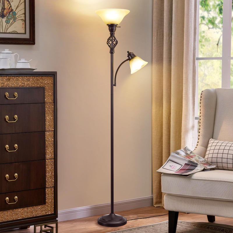 GyroVu Torchiere Floor Lamp for Living Room, LED Standing Reading Light for Bedroom with Glass Shade for Living Room Corner Bedroom Home Office,Bulbs Included (Yellow Lampshade, Glass 2 Head) - Image 4
