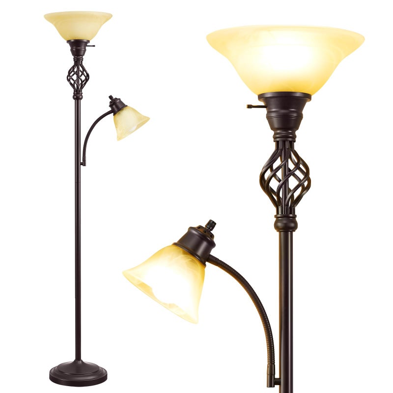GyroVu Torchiere Floor Lamp for Living Room, LED Standing Reading Light for Bedroom with Glass Shade for Living Room Corner Bedroom Home Office,Bulbs Included (Yellow Lampshade, Glass 2 Head) - Image 1