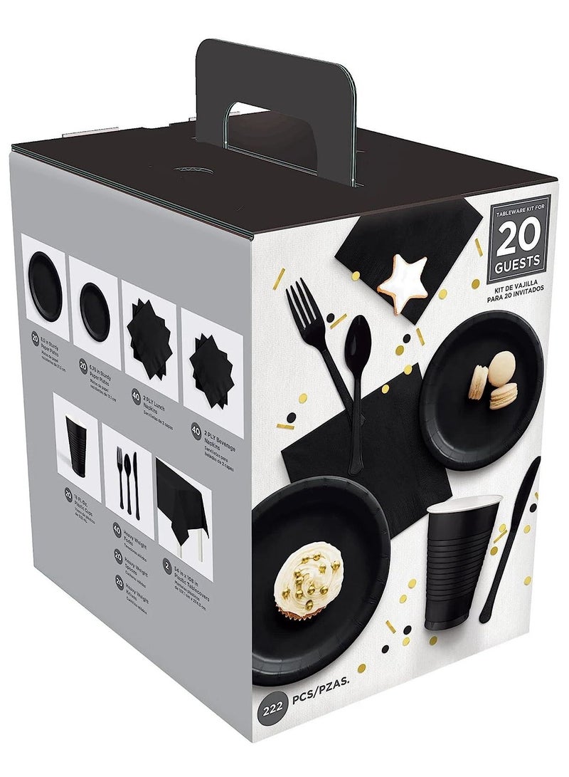 Amscan Jet Black Premium Party Tableware Kit for 20 Guests Includes Plates, Napkins, Forks, Spoons, Knives and 2 Tablecover for Birthday Theme Party and more, 182pcs.