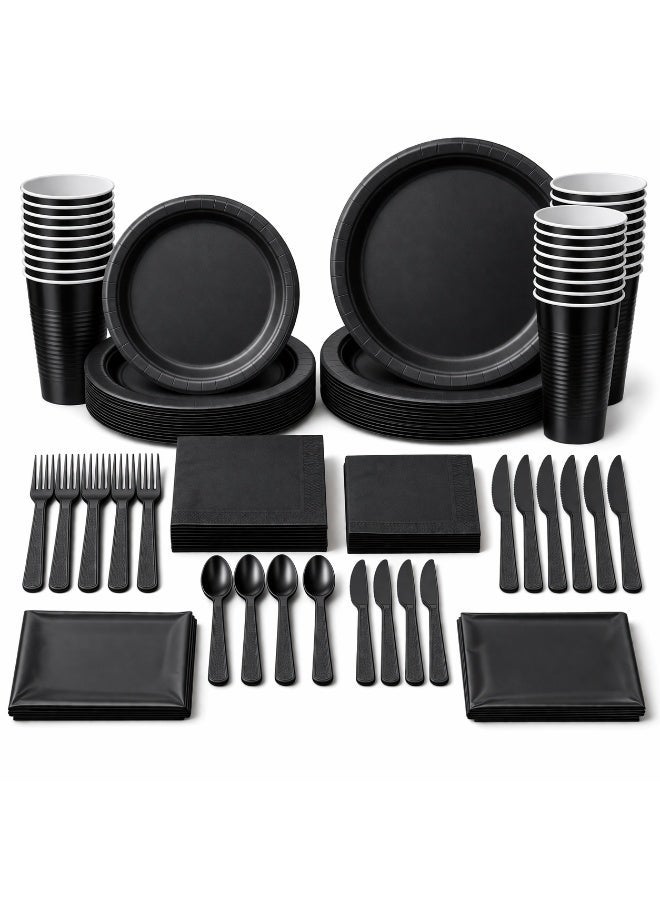 Amscan Jet Black Premium Party Tableware Kit for 20 Guests Includes Plates, Napkins, Forks, Spoons, Knives and 2 Tablecover for Birthday Theme Party and more, 182pcs. - Image 1