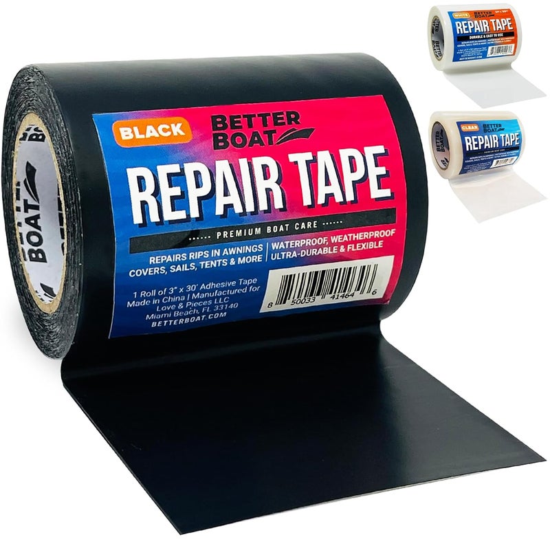 Better Boat Repair Tape Fabric Repair Boat Covers Canvas Tent Repair Tape Pop Up Camper RV Awning Repair Tape Tarp Canopy Tear & Vinyl Waterproof Bimini Tops Sail Air Mattress Patch Kit 30FTx3 Black Heavy Duty - Image 1