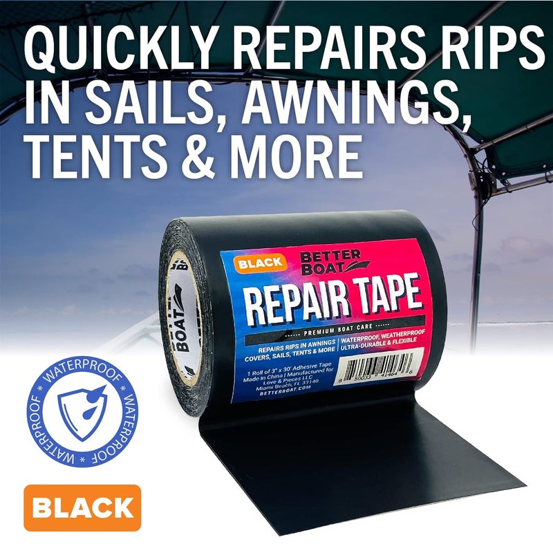 Better Boat Repair Tape Fabric Repair Boat Covers Canvas Tent Repair Tape Pop Up Camper RV Awning Repair Tape Tarp Canopy Tear & Vinyl Waterproof Bimini Tops Sail Air Mattress Patch Kit 30FTx3 Black Heavy Duty - Image 5