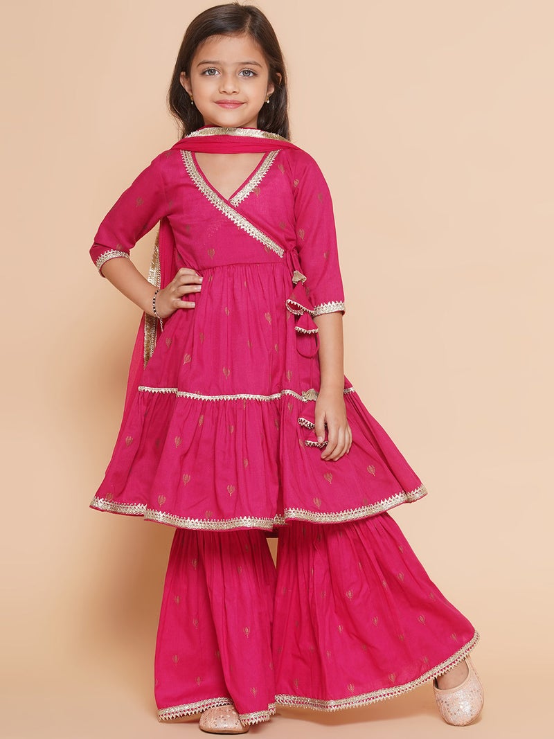 PRASHA Girls pink Ethnic Motifs Printed Angrakha Gotta Patti Kurta With Sharara & Dupatta - Image 1