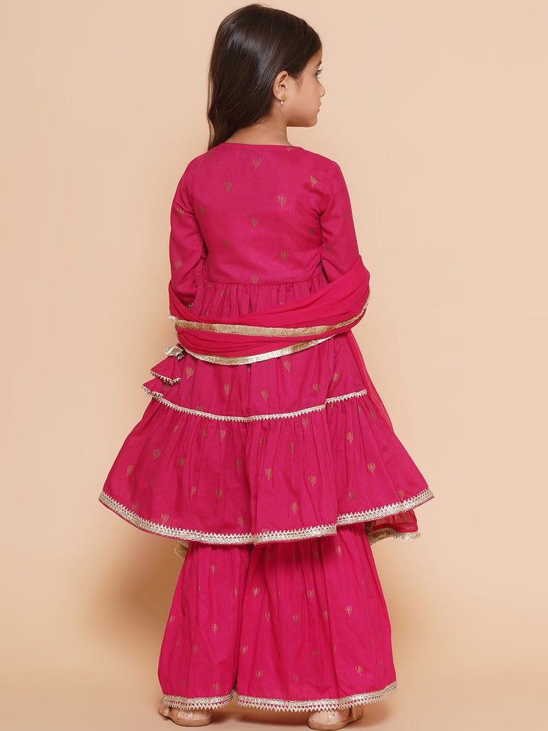 PRASHA Girls pink Ethnic Motifs Printed Angrakha Gotta Patti Kurta With Sharara & Dupatta - Image 2