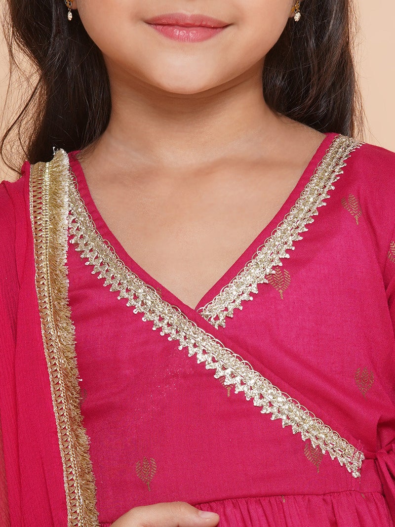 PRASHA Girls pink Ethnic Motifs Printed Angrakha Gotta Patti Kurta With Sharara & Dupatta - Image 3
