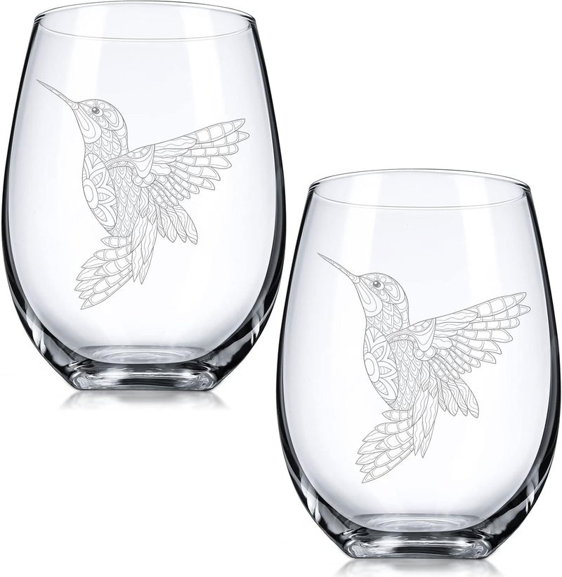 Mimorou 2 Pieces Hummingbird Stemless Wine Glass 17 oz Hummingbird Themed Gifts for Christmas Valentines Day Birthdays Anniversaries Retirement Mothers Day Fathers Day - Image 1