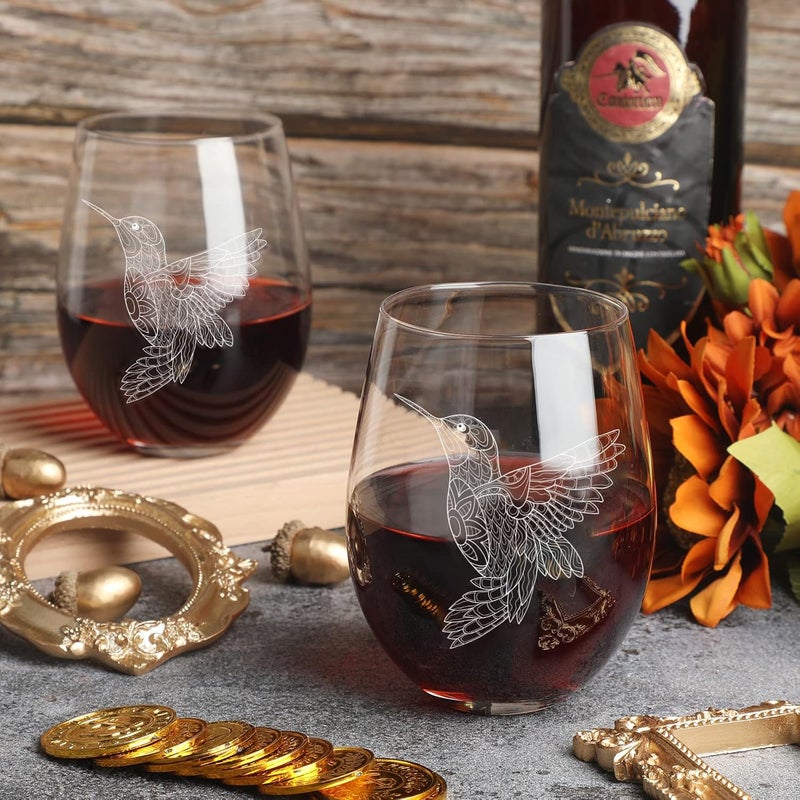 Mimorou 2 Pieces Hummingbird Stemless Wine Glass 17 oz Hummingbird Themed Gifts for Christmas Valentines Day Birthdays Anniversaries Retirement Mothers Day Fathers Day - Image 4