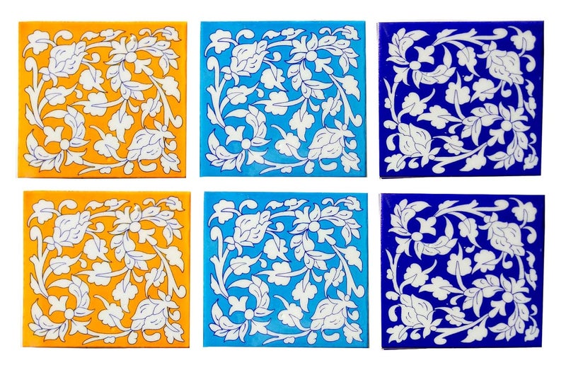 Shiv Kripa Blue Pottery Decorative Seamless Boarder Tiles Ceramic Kitchen Washroom Tile Handmade Tabletop Interior Exterior Flooring Wall Tiles 6 x 6 Inch Set of 6 Tiles Multi Color