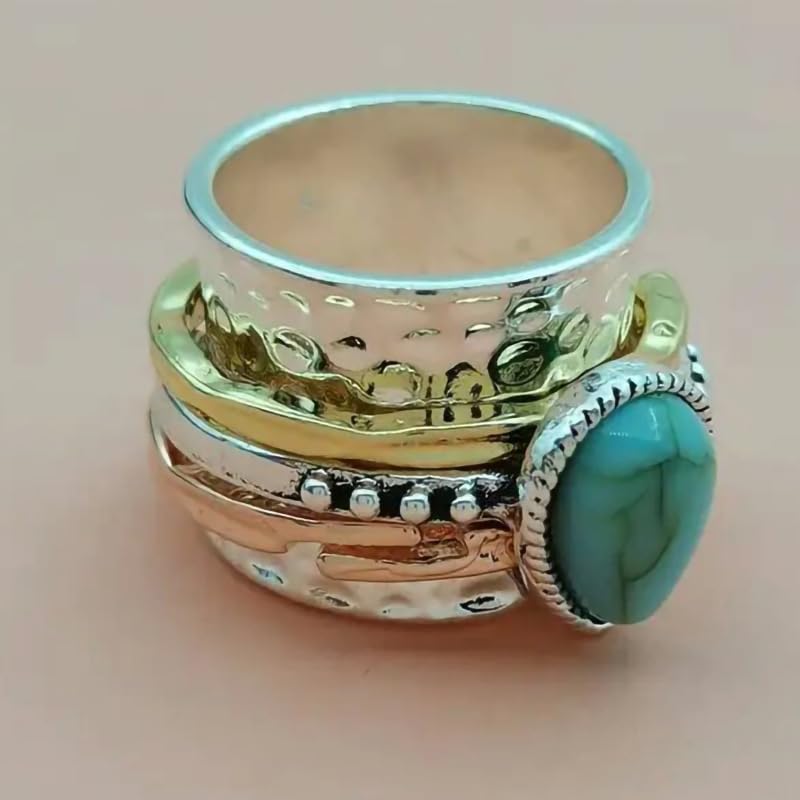 LRGKMCWTOB Vintage Sterling Silver Turquoise Ring for Women, Bohemian Style Handmade Dainty Ethnic Healing Stone Ring, Tribal Totem Cut Natural Turquoise Bridal Statement Ring Gift Size 7 - Image 2