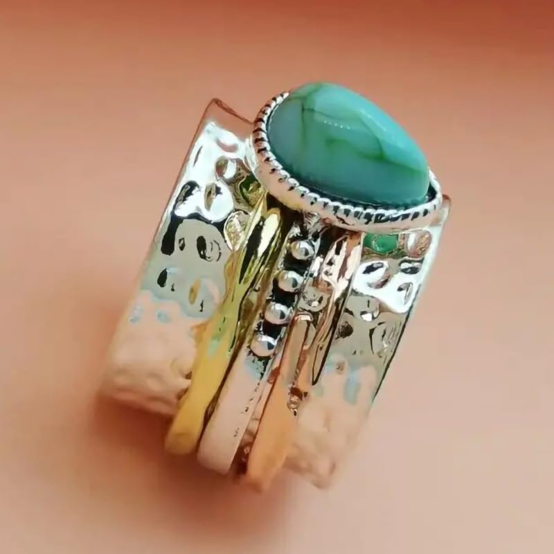 LRGKMCWTOB Vintage Sterling Silver Turquoise Ring for Women, Bohemian Style Handmade Dainty Ethnic Healing Stone Ring, Tribal Totem Cut Natural Turquoise Bridal Statement Ring Gift Size 7 - Image 3