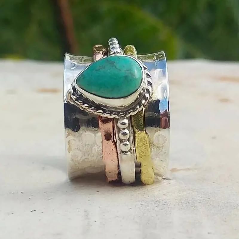LRGKMCWTOB Vintage Sterling Silver Turquoise Ring for Women, Bohemian Style Handmade Dainty Ethnic Healing Stone Ring, Tribal Totem Cut Natural Turquoise Bridal Statement Ring Gift Size 7 - Image 5