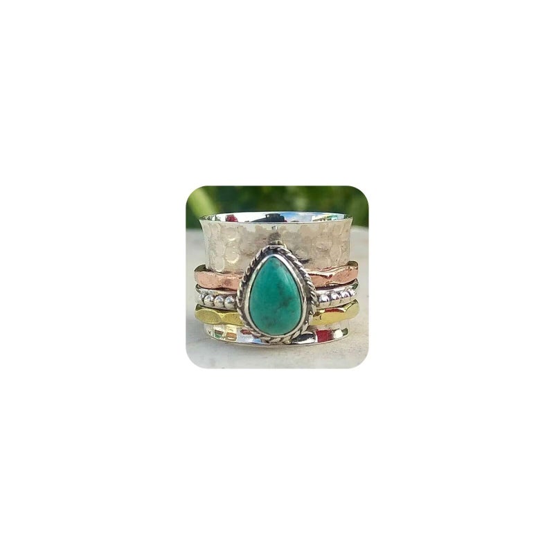 LRGKMCWTOB Vintage Sterling Silver Turquoise Ring for Women, Bohemian Style Handmade Dainty Ethnic Healing Stone Ring, Tribal Totem Cut Natural Turquoise Bridal Statement Ring Gift Size 7 - Image 1