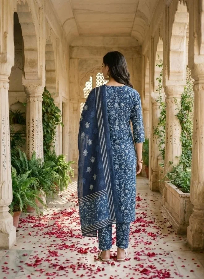Yuris  Yuris Women Navy Blue  Off-White Pure Cotton Printed Kurta with Palazzos  Dupatta for Women | Best Price UAE