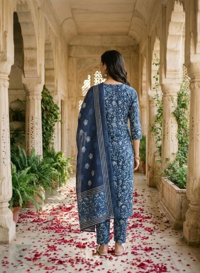 Yuris Women Navy Blue  Off-White Pure Cotton Printed Kurta with Palazzos  Dupatta - Image 5