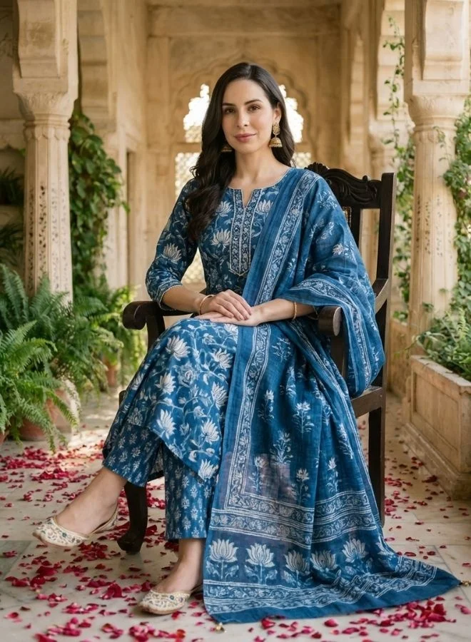 Yuris  Yuris Women Navy Blue  Off-White Pure Cotton Printed Kurta with Palazzos  Dupatta for Women | Best Price UAE