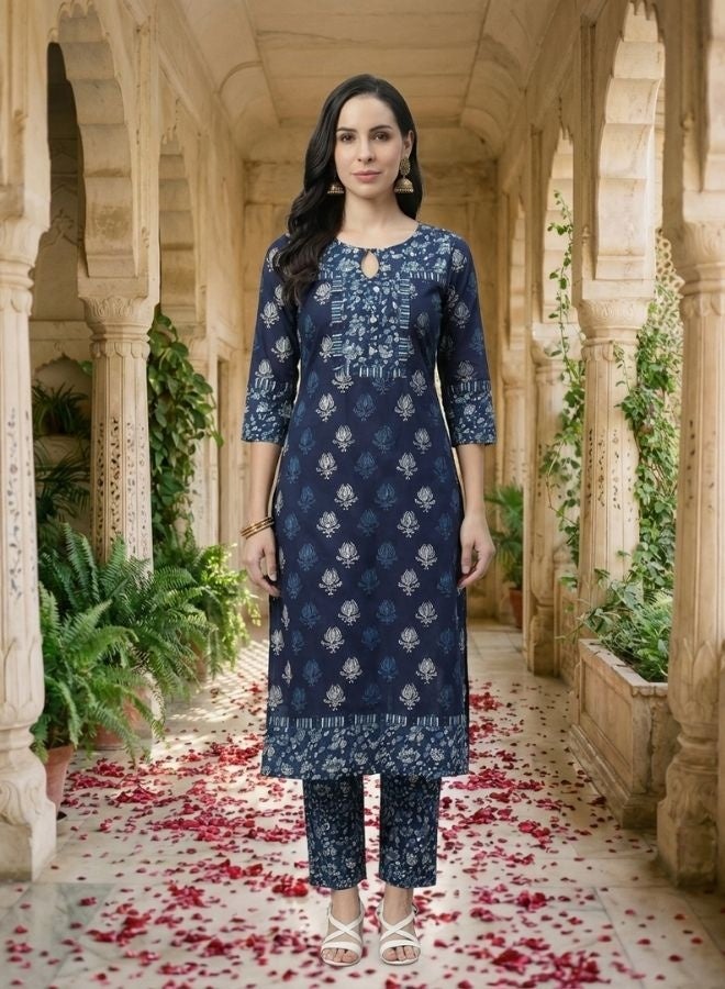 Yuris Women Navy Blue  Off-White Pure Cotton Printed Kurta with Palazzos  Dupatta - Image 1