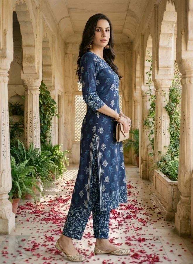Yuris  Yuris Women Navy Blue  Off-White Pure Cotton Printed Kurta with Palazzos  Dupatta for Women | Best Price UAE