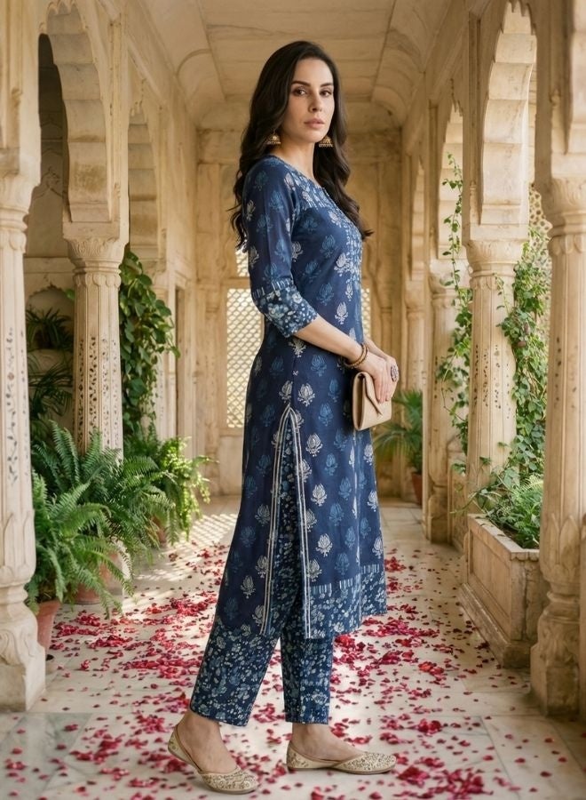 Yuris Women Navy Blue  Off-White Pure Cotton Printed Kurta with Palazzos  Dupatta - Image 3