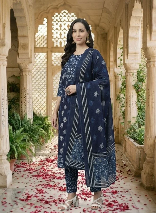 Yuris  Yuris Women Navy Blue  Off-White Pure Cotton Printed Kurta with Palazzos  Dupatta for Women | Best Price UAE