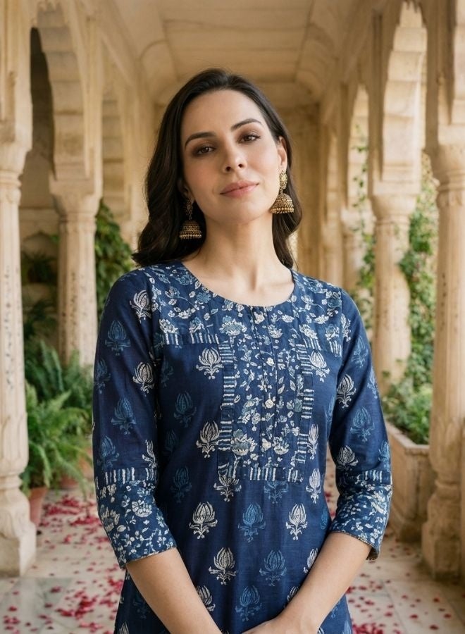 Yuris Women Navy Blue  Off-White Pure Cotton Printed Kurta with Palazzos  Dupatta - Image 2