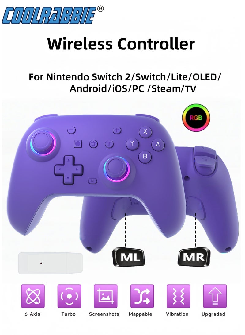 CoolRabbie RGB Wireless Switch Controller for Nintendo Switch 2,Switch Pro Controller for Switch/OLED/Lite/PC/Steam Deck/TV,Gamepad Hall Effect Joystick Trigger with 7 Colors LED Light/3-level TURBO Adjustable,4-Speed Dual Vibration,Support Wake Up and Gyro Axis Motion - Image 1