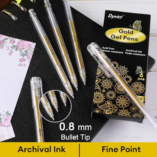 Dyvicl Metallic Gold Gel Pens, 0.8 mm Fine Pens Gel Ink Metallic Gel Pens for Black Paper Drawing, Sketching, Illustration, Adult Coloring, Journaling, Set of 6 - Image 3