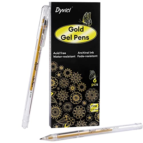 Dyvicl Metallic Gold Gel Pens, 0.8 mm Fine Pens Gel Ink Metallic Gel Pens for Black Paper Drawing, Sketching, Illustration, Adult Coloring, Journaling, Set of 6 - Image 1