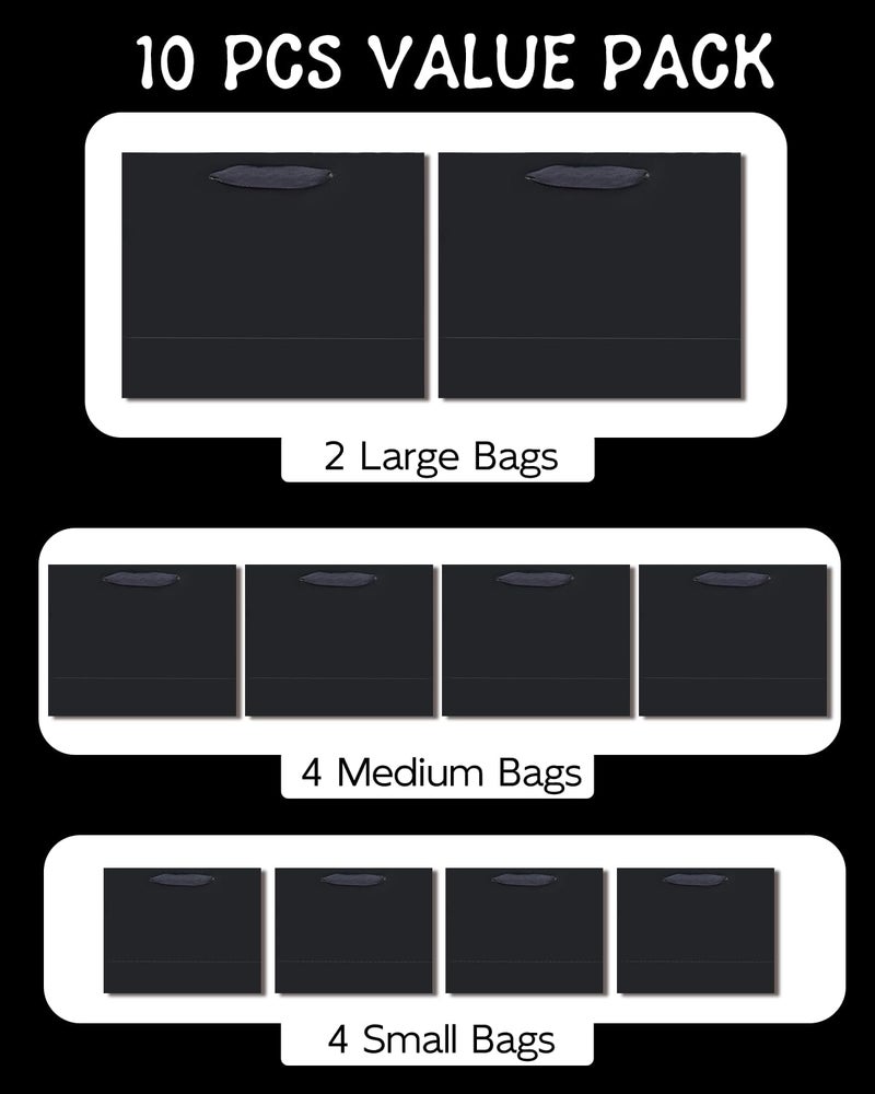 qiqee 10PCS Black Gift Bags with Ribbon Handles Mulit Assorted Sizes Gift Wide Bags (2pcs Large 13", 4pcs Medium 9.6", 4pcs Small 6.3"ï¼Œ22pcs Tissue Paper) - Image 2