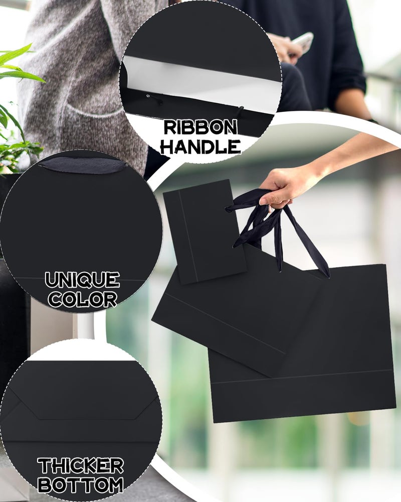 qiqee 10PCS Black Gift Bags with Ribbon Handles Mulit Assorted Sizes Gift Wide Bags (2pcs Large 13", 4pcs Medium 9.6", 4pcs Small 6.3"ï¼Œ22pcs Tissue Paper) - Image 4