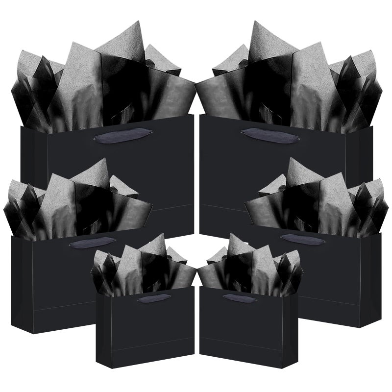qiqee 10PCS Black Gift Bags with Ribbon Handles Mulit Assorted Sizes Gift Wide Bags (2pcs Large 13", 4pcs Medium 9.6", 4pcs Small 6.3"ï¼Œ22pcs Tissue Paper) - Image 1