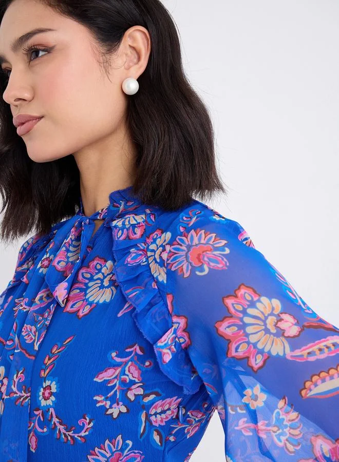 Styli Women Blue Tie-Up Neck Floral Print Maxi Dress