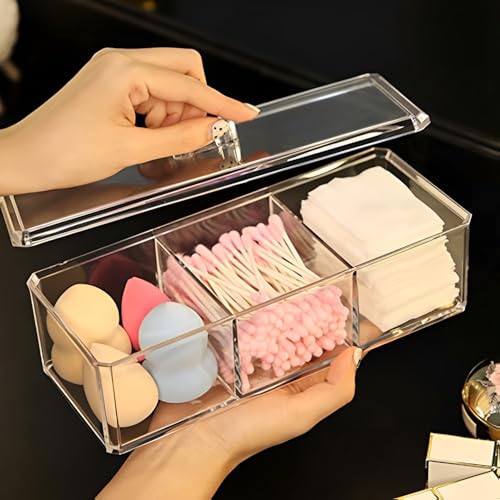 Sooyee Qtip Holder Rectangle Cotton Ball and Swab Holder Organizer with Lid, Dustproof,Waterproof,Clear Acrylic 3 Compartment Cotton Pad Container for Cotton Swabs, Make Up Pads, Cosmetics - Image 1