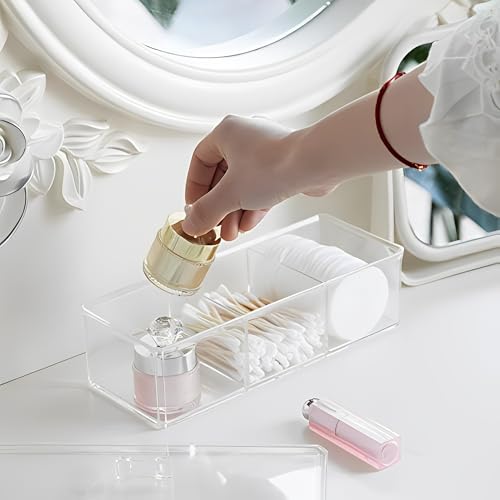 Sooyee Qtip Holder Rectangle Cotton Ball and Swab Holder Organizer with Lid, Dustproof,Waterproof,Clear Acrylic 3 Compartment Cotton Pad Container for Cotton Swabs, Make Up Pads, Cosmetics - Image 2