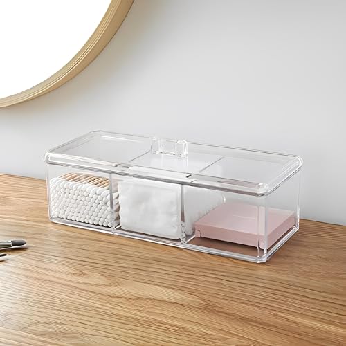 Sooyee Qtip Holder Rectangle Cotton Ball and Swab Holder Organizer with Lid, Dustproof,Waterproof,Clear Acrylic 3 Compartment Cotton Pad Container for Cotton Swabs, Make Up Pads, Cosmetics - Image 4