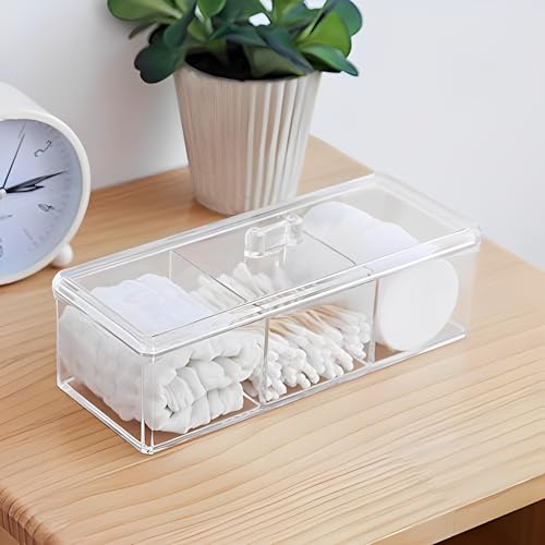 Sooyee Qtip Holder Rectangle Cotton Ball and Swab Holder Organizer with Lid, Dustproof,Waterproof,Clear Acrylic 3 Compartment Cotton Pad Container for Cotton Swabs, Make Up Pads, Cosmetics - Image 5
