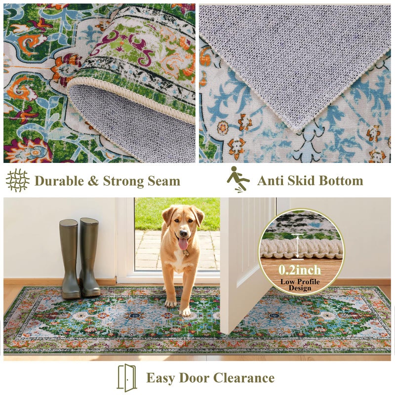 U'Artlines 2' x 6' Boho Hallway Runner Rug, Non Slip Washable Vintage Farmhouse Kitchen Rug Accent Area Carpet for Entryway Laundry and Living Room (Green) - Image 3