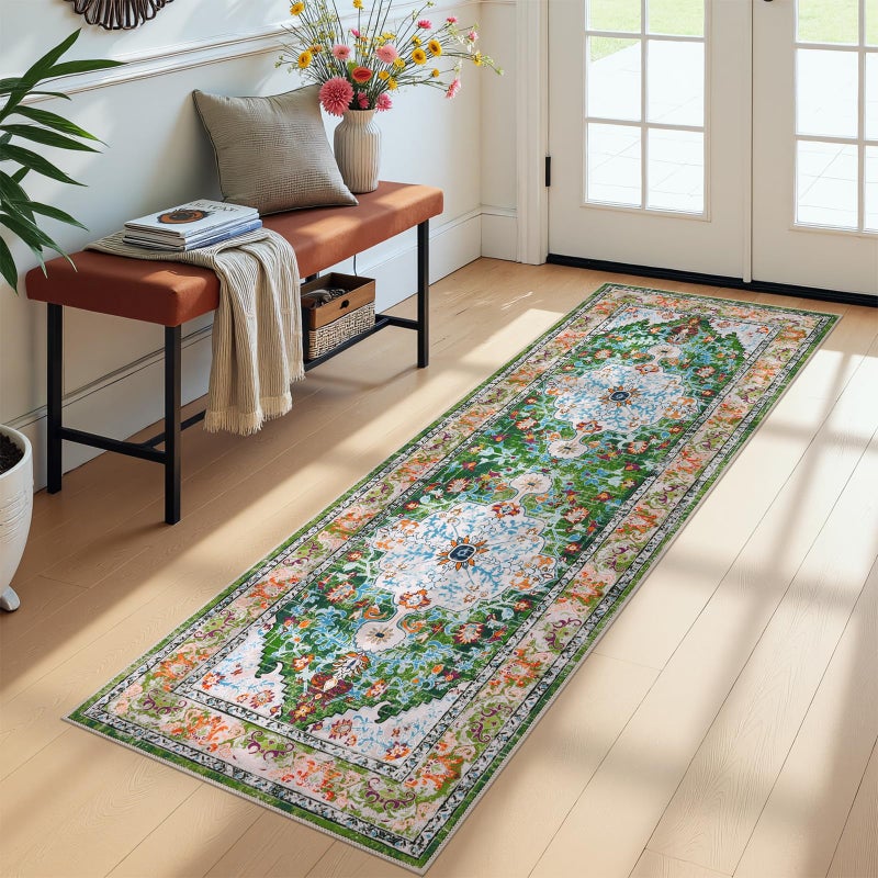 U'Artlines 2' x 6' Boho Hallway Runner Rug, Non Slip Washable Vintage Farmhouse Kitchen Rug Accent Area Carpet for Entryway Laundry and Living Room (Green) - Image 1