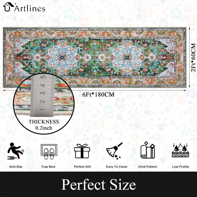 U'Artlines 2' x 6' Boho Hallway Runner Rug, Non Slip Washable Vintage Farmhouse Kitchen Rug Accent Area Carpet for Entryway Laundry and Living Room (Green) - Image 2