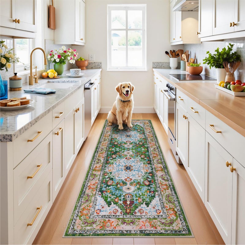 U'Artlines 2' x 6' Boho Hallway Runner Rug, Non Slip Washable Vintage Farmhouse Kitchen Rug Accent Area Carpet for Entryway Laundry and Living Room (Green) - Image 4