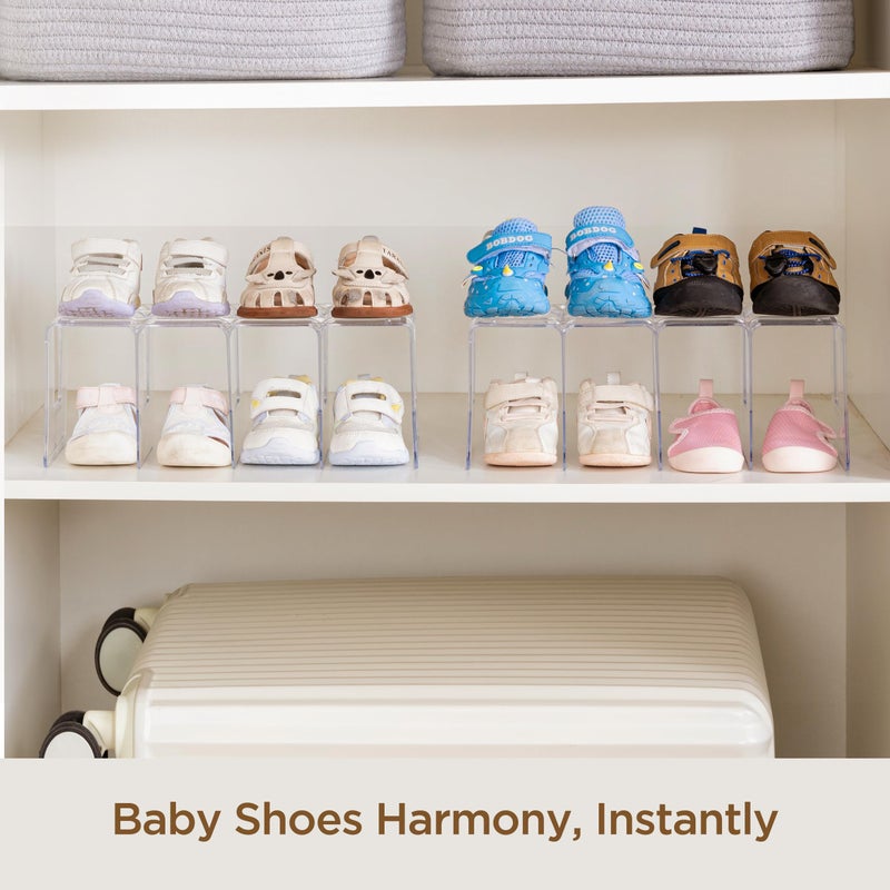 HBlife Clear Acrylic Kids Shoe Rack for Closet Organizers and Storage, Small Shoe Rack 4 Sections Toddler Baby Shoe Storage Organizer Stackable Shoe Shelf,Desk File Sorter Book Purse Organizer(2 Pack) - Image 2