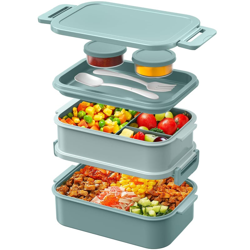 WayEee Lunch Box Adults2130ml Large Capacity Bento Lunch Box with Compartments 3 Layers LeakProof Bento Box for Office SchoolGreen
