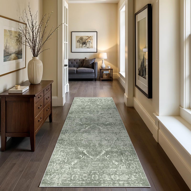 EISUROM Hallway 2x6 Washable Runner - Non-Slip Vintage Long Rug for Entryway Low-Pile Medallion Runner for Hallway Waterproof Traditional Runners Indoor Thin Rug for Kitchen (Muted Sage Green, 2x6) - Image 1