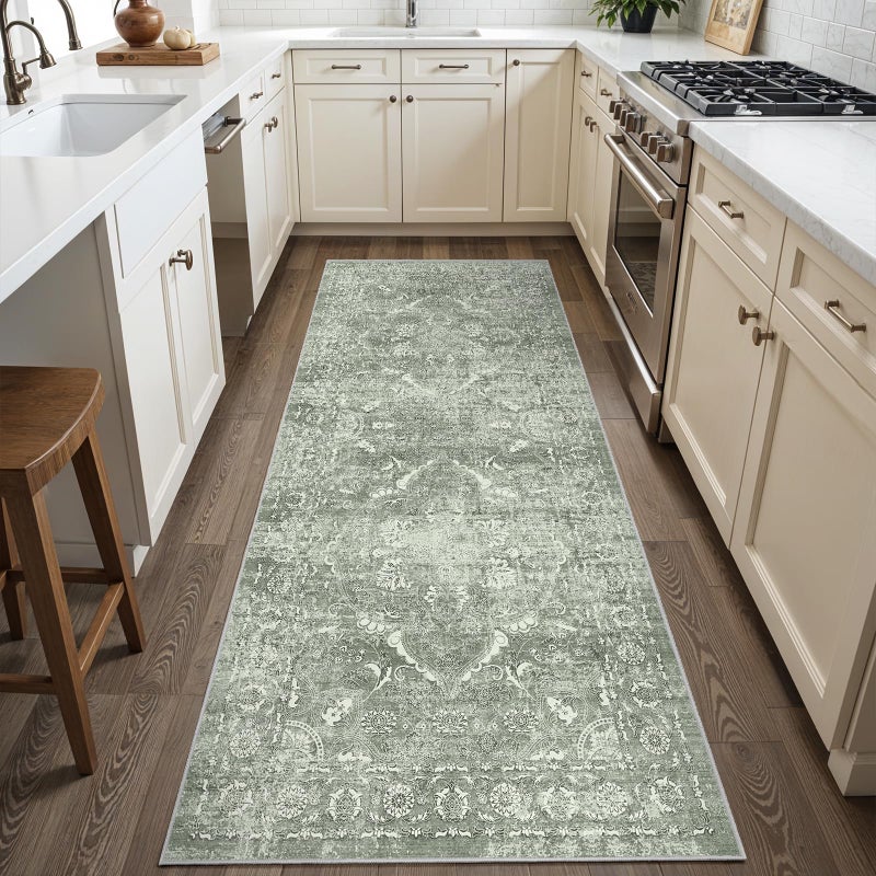 EISUROM Hallway 2x6 Washable Runner - Non-Slip Vintage Long Rug for Entryway Low-Pile Medallion Runner for Hallway Waterproof Traditional Runners Indoor Thin Rug for Kitchen (Muted Sage Green, 2x6) - Image 3