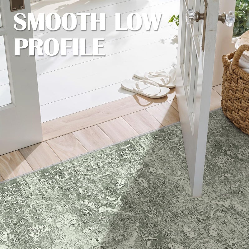 EISUROM Hallway 2x6 Washable Runner - Non-Slip Vintage Long Rug for Entryway Low-Pile Medallion Runner for Hallway Waterproof Traditional Runners Indoor Thin Rug for Kitchen (Muted Sage Green, 2x6) - Image 2