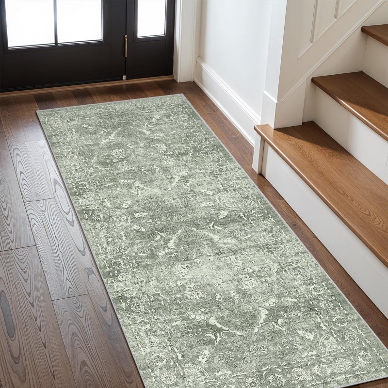 EISUROM Hallway 2x6 Washable Runner - Non-Slip Vintage Long Rug for Entryway Low-Pile Medallion Runner for Hallway Waterproof Traditional Runners Indoor Thin Rug for Kitchen (Muted Sage Green, 2x6) - Image 5